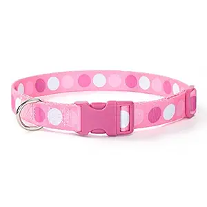 Mile High Life | Geometric Plaid Wave Line Pattern | Soft Poly Cotton Fabric | Black Buckle Dog Collar with D Ring| We Donate to Dog Rescues(Pink Big Dots, Large)