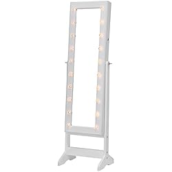SONGMICS Espejo Joyero con Luces LED con Cerradura Armario de Pie Almacenaje Espacioso Espejo de Cuerpo Entero Luces Decorativas Regalo Festivo Blanco JBC81WT