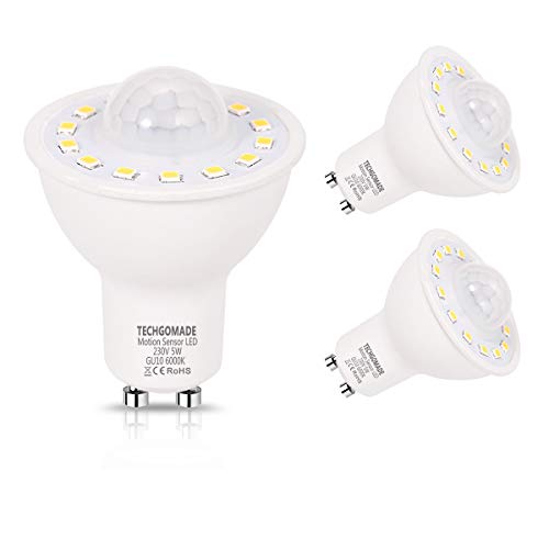 2 x bombillas de sensor de movimiento, TECHGOMADE 5W LED GU10, equivalente a 50w incandescente, 500lm, blanco de día 6000K, lámpara de infrarrojos de luz nocturna para porche, escaleras, pasillo