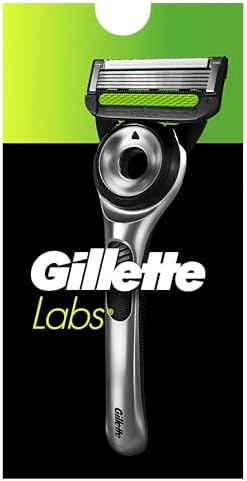 Gillette Labs Rasoio a Mano Libera, Edizione Neon Night, 1 Manico, 5 Lamette di Ricambio, Base Magnetica, Custodia da Viaggio e Gancio da Parete, Rasoio Barba Grigio e Lamette di Ricambio