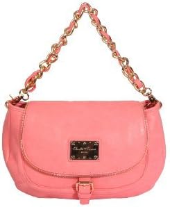 Coral pink saddle bag style small shoulder handbag by Claudia Canova