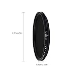 Función ajustable - el filtro ajustable de la segunda variable permite una reducción de la luz variable de ND2 a ND400; permite el uso de velocidades de obturación lenta, con películas de alta velocidad o cámaras digitales, para grabar imágenes de movimiento borrosas en temas como cascadas, nubes o cualquier objeto de movimiento rápido.