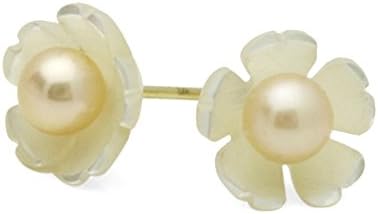 Little Treasures 14 ct Gold Stud Earring Mother Of Pearl Flower With Round Pearl Yellow Gold Earring