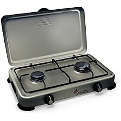 Plaque de cuisson gaz portable 2 feux 3200 W SILVER 2 butane-propane Gris aluminium couvercle