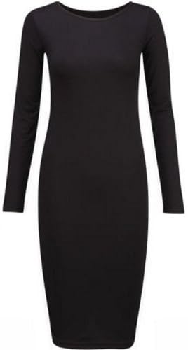 NEW WOMEN PLUS SIZES PLAIN MIDI LONG SLEEVE DRESS JERSEY MAXI BODYCORN DRESS UK SIZE 8-26 (UK 8-10, BLACK)