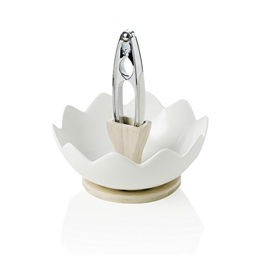 BRANDANI54605 Zigozago Porcelain and Natural Bamboo Nut Dish with Nutcracker, White