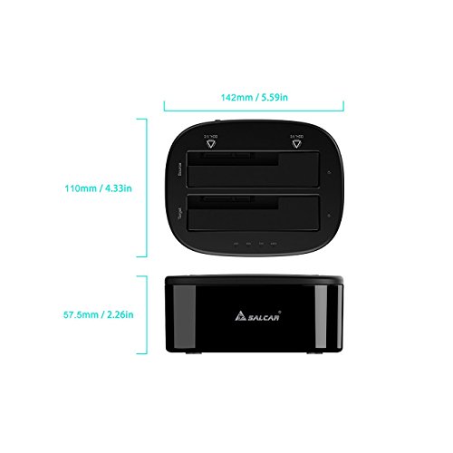 Salcar USB 3.0 Offline Klon Docking Station mit 2 Einschüben, optimiert für HDD/SSD Festplatte, 2,5″ und 3,5″, 2,5 und 3,5 Zoll (SATA I / II / III), inklusive USB 3.0 Kabel und 12V 4A Netzteil, unterstützt 2x 8TB - 3