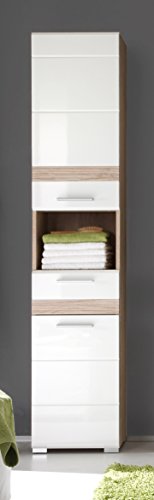 trendteam SO10396 Badezimmerhochschrank Eiche San Remo hell Nachbildung, Fronten in weiß hochglanz, BxHxT 37x182x31 cm - 3