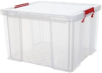 NEW PLASTIC STORAGE BOXES 48L HEAVY DUTY STRONG CLIP CLEAR RED HANDLES