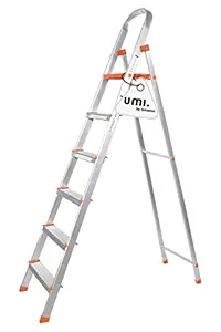 Amazon Brand - Umi, German Design 6-Step Foldable Aluminium Ladder Laser Cut with Super Advance Sure-Hinge Technology Ladder 192 cm (6.25 ft.),Top Platform Size 10 inch X 10 inch & Step Size 14,15,16,17,18 Inches, 7 Year warranty : Silver & Orange