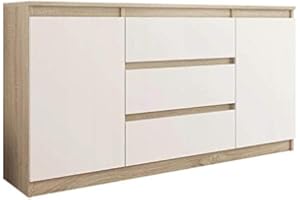 Framire R-140-S3 Komoda w kolorze dębu Sonoma z białym, komoda z 3 szufladami, 2 drzwi, szafka do sypialni, salonu, łazienki, 76 x 140 x 40 cm