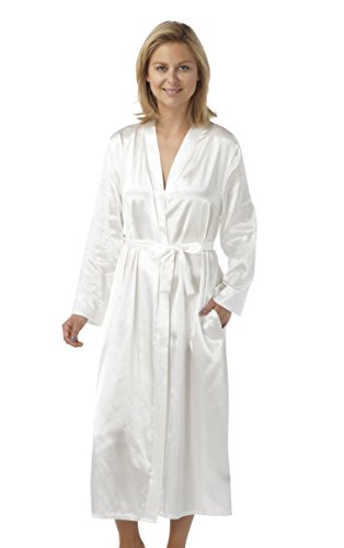 Ladies Long Satin and Lace Tie Front Wrapover Dressing Gown Robe Purple, Ivory or Teal. Sizes 10-12 14-16 18-20 22-24 26-28 (26-28, IVORY)