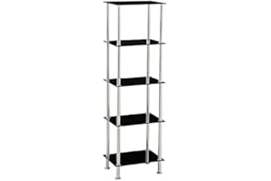 Modernique Glass Shelf Tier Storage Unit, Rectangular in Black or Clear Glass with Chrome Stand, Shelving Unit (Black, Tier 5)