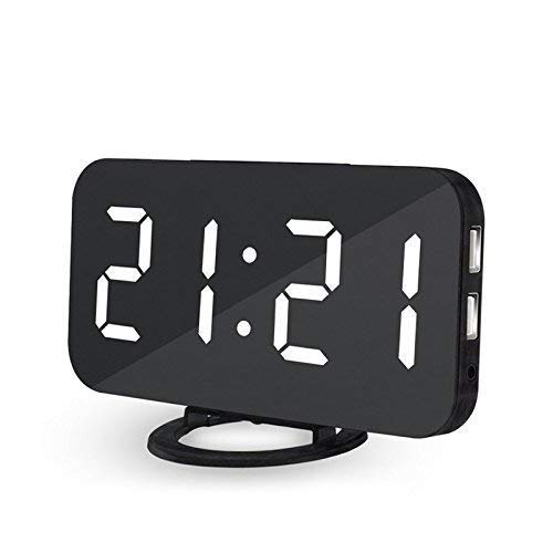 Lbsel Reloj de Alarma eléctrico de la exhibición Led, 2 Puertos de la Carga por USB, Reloj de Mesa Llevado Espejo Grande del Despertador de Digitaces del número con Brillo Ajustable (White)