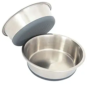 Leashboss Non-Slip Stainless Steel Dog Bowl with Rubber Base, Large 8 Cup / 64 Oz Size, Modern Brushed Interior & Exterior, Non-Skid Dish for Medium & Large Dogs (Gray, 2-Pack)