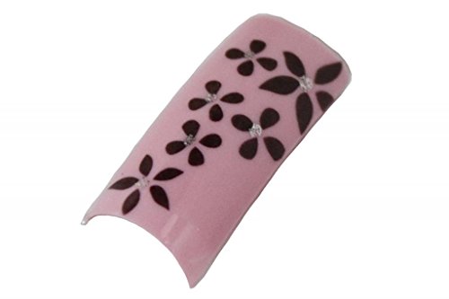 Effect Beauty 100pcs Pink, Black Flowers Glitter Acrylic Pre-Designed Nail Tips With Storage Box - Tip Sizes 1-10