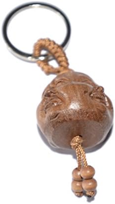 Chinese feng Shui Wooden Good Luck Keychain Key Holder(Handcrafted from Genuine Sandal Wood Holding Natural Powers of Good Luck and Protection Featuring Four Faces of The Laughing Buddha)