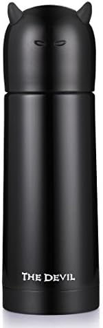 QILEYIN Insulated Mug, Stainless Steel Vacuum Flask Cute Design, Portable Travel Coffee Mug, Thermos Water Bottle 12 Hours Hot 24 Hours Cold, Perfect Gift for Girls (Black)