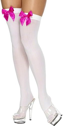 (RB Fashion Clothings) Adult Fancy Dress Thigh High Stockings with Bows White Red Black Check Diamante (White with Pink Bow)