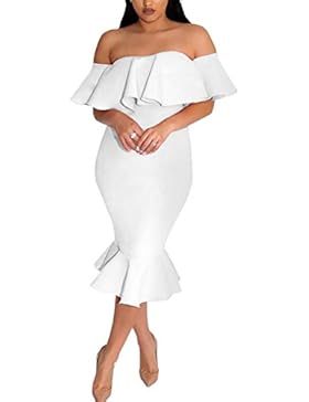 Boutiquefeel Damen Schulterfrei Ruffle Party Bodycon Mermaid Midi Kleid