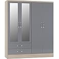 Furniture 321 Nevada 4 Door 2 Drawer Mirrored Wardrobe Grey Gloss, Light Oak Effect (No Delivery To Flats)