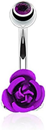 Azzire 316L Surgical Stainless Steel 10mm Cubic Zirconia Topped Purple Coloured Metal Rose Flower Navel Belly Bar