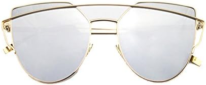 Fashionikon's Women Fashion Two-Beams Metal Frame Sunglasses Classic Vintage Designer Mirrored Lens Cat Eye Sunglasses Retro Geek Oversized Sunglasses (GOLD+SILVER)