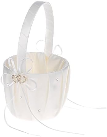 Rhinestone 2 Hearts Wedding Flower Girl Basket in Ivory Satin