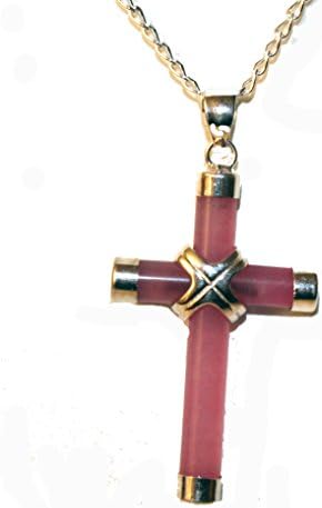 Pink Jade Cross (Crucifix) Pendant on an 18" Sterling Silver Chain