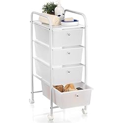 IDIMEX Caisson sur roulettes GINA Chariot avec 4 tiroirs en Plastique Blanc Transparent et 1 Tablette, Meuble de Rangement en métal laqué Blanc