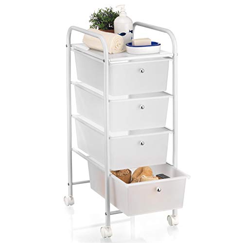 IDIMEX Caisson sur roulettes GINA Chariot avec 4 tiroirs en Plastique Blanc Transparent et 1 Tablette, Meuble de Rangement en métal laqué Blanc