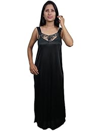 Indiatrendzs Women Maxi Night Gown Satin Black 2pc Set Nightwear Nighty With Robe