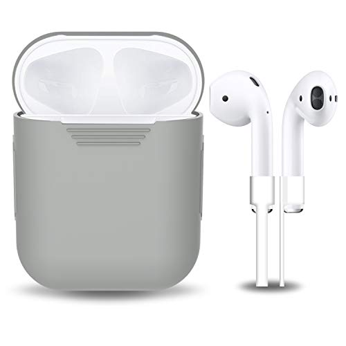 Airpods carcasa de silicona con correa de deporte, gulaki AIRPOD colgar caja con cubierta antideslizante y piel accesorios para Apple Wireless Airpods estuche de carga (Gris 2 en 1)