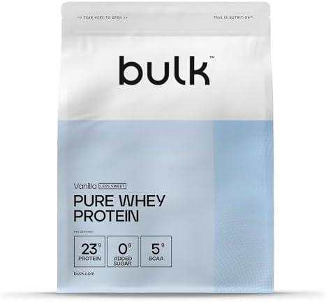 Bulk Pure Whey Proteine in Polvere Meno Dolce, Vaniglia, 23g di Proteine e 5g di BCAA, Shake di Whey Concentrato, A Basso Contenuto di Zuccheri, Supporta la Crescita e il Recupero Muscolare, 5kg