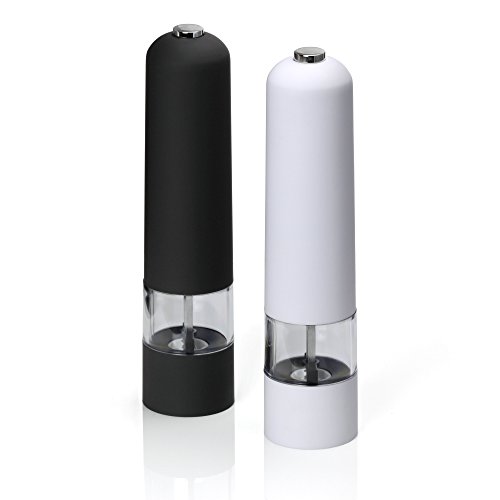 Oaoa Design elektrische Pfeffermühle und Salzmühle als exklusives Set, Modell „BiancoNero“, mit Licht, Bonus E-Book, hochwertiges Keramikmahlwerk, klimaneutrale Verpackung und Transport