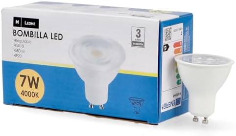 M Ledme - Confezione da 6 lampadine a LED SMD Plus Gu10 da 7W, luce dimmerabile, luce neutra (4000K), attacco Gu10, 580 lumen, IP20, apertura del fascio di 60°. Modello LM7617