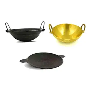 TAZBI Cast Iron kadai 8 Inch, Bronze kadai 9 inch, Tawa pan Combo