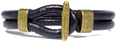 2 Strand Bracelet in Black Leather Cord for Men with Bronze Closure. Made to mesure