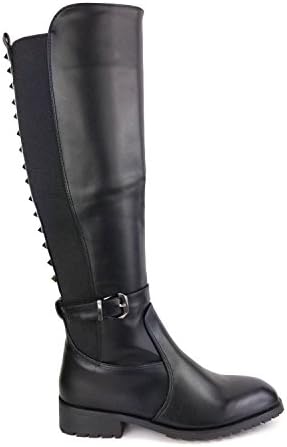 Womens Knee High Boots | Metal Studded | Stretch Back | Black Leather
