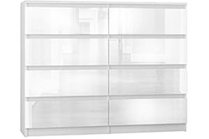 FRAMIRE R-140-S8 T-2 komoda w kolorze białym, biały połysk na frontach szuflad, komoda z 8 szufladami, szafka do sypialni, salonu, łazienki, 140 x 98 x 40 cm