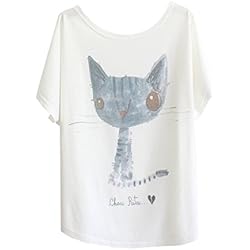 Luna et Margarita Blanco Camiseta de algodón manga del batwing con Print "gato dibujado"