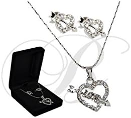 Hurtle 'Love' &amp; Heart Pendant and Chain set – Silver Earrings