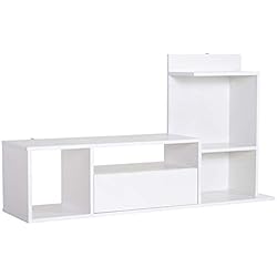 Homcom Meuble TV Design Contemporain Multi-rangements Grand Plateau 3 niches 2 étagères tiroir mélaminé Blanc Mat