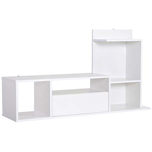 Homcom Meuble TV Design Contemporain Multi-rangements Grand Plateau 3 niches 2 étagères tiroir mélaminé Blanc Mat
