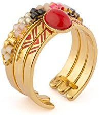 SATELLITE Women's "Kuzco" Gold Plated Brass Multicolour Beads Triangle Lines Cocktail A Set of 3 Open Ring Size - R