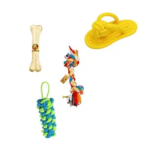 Foodie Puppies Combo of 4 Durable Cotton Rope Toys for Teeth Cleaning, Gums Massage and Chewing, Small & Medium Dogs Color May Vary (2Knot + Corn Stick + Slipper + 3