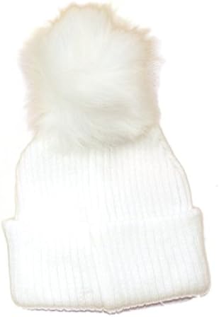 Baby Girl Boy Ribbed Pompom Hat with Fur Pom Pom. Ages 0-3, 3-6, 6-12, and 12-18 Months (12-18 Months, White)