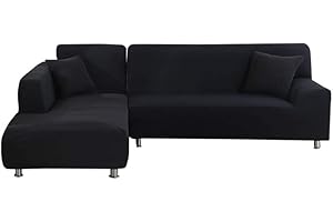jianyana Housse de Canapé d'angle Extensible 2 Pieces, Housse de Canapé d'angle 2 Places+2 Places, Couverture de Canapé d'angle en Forme de L avec Deux Taies d'oreiller,Noir