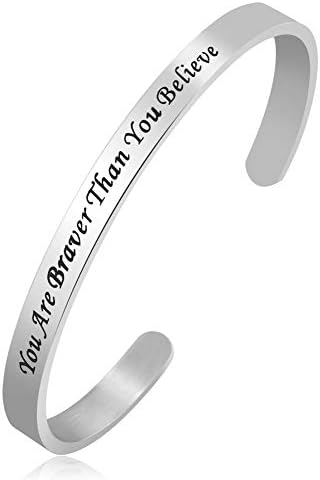Cuff Bangle Bracelet for Women Engraved Inspirational Jewelry (You are Braver Than You Believe)