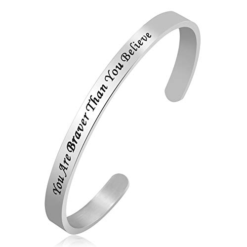 Cuff Bangle Bracelet for Women Engraved Inspirational Jewelry (You are Braver Than You Believe)